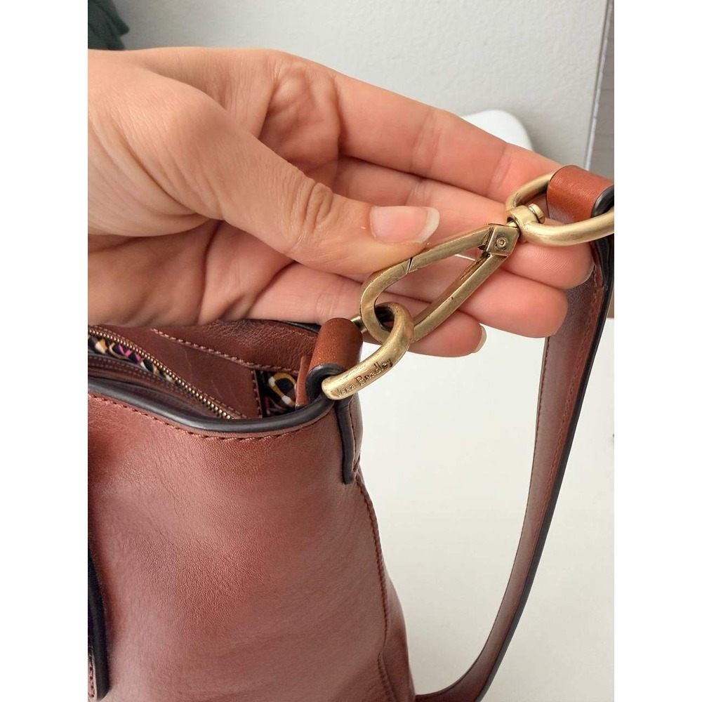 Vera Bradley Brown Leather Tote Bag Crossbody Strap Geometric Lining - Picture 4 of 10